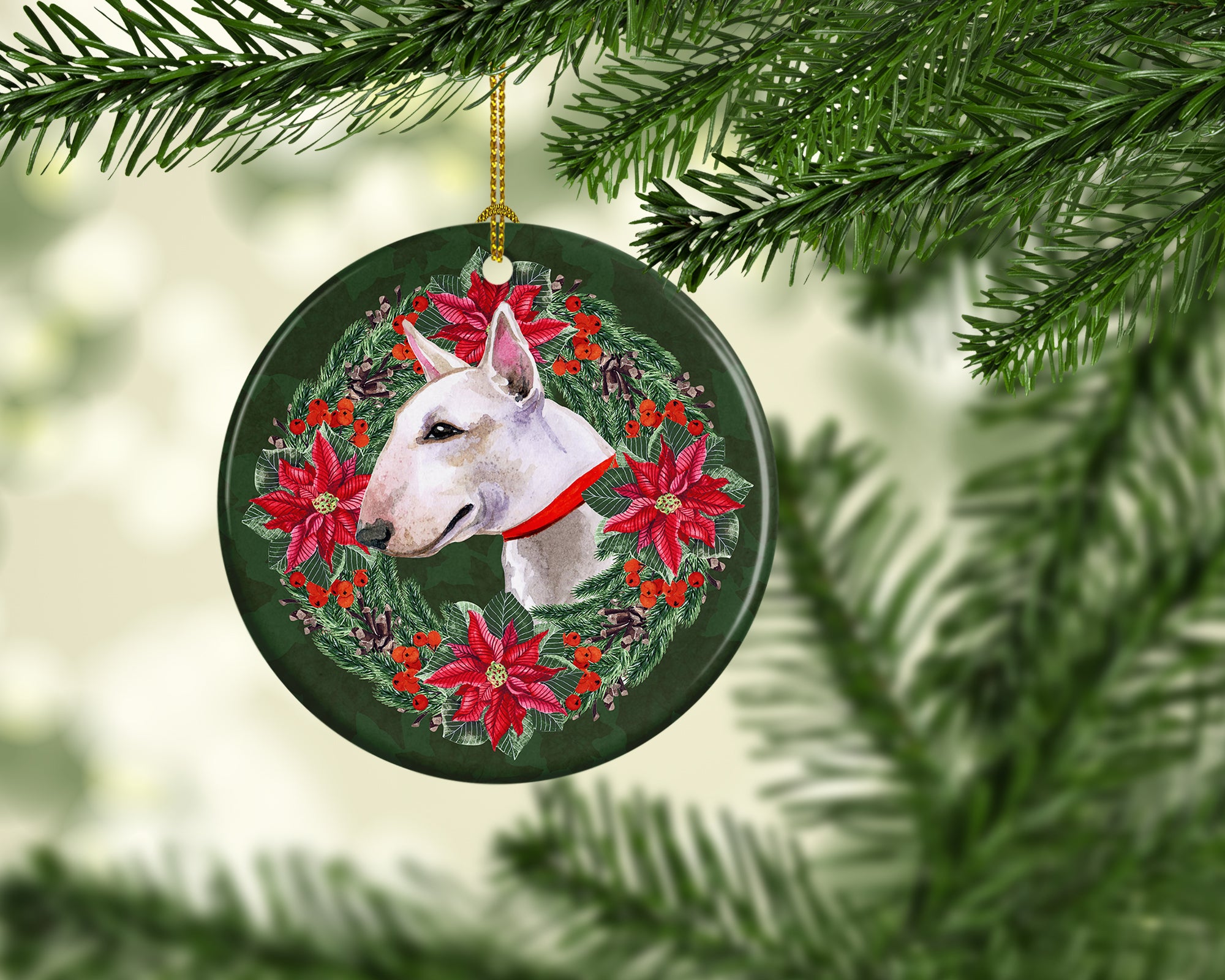 Buy this Bull Terrier Poinsetta Wreath Ceramic Ornament