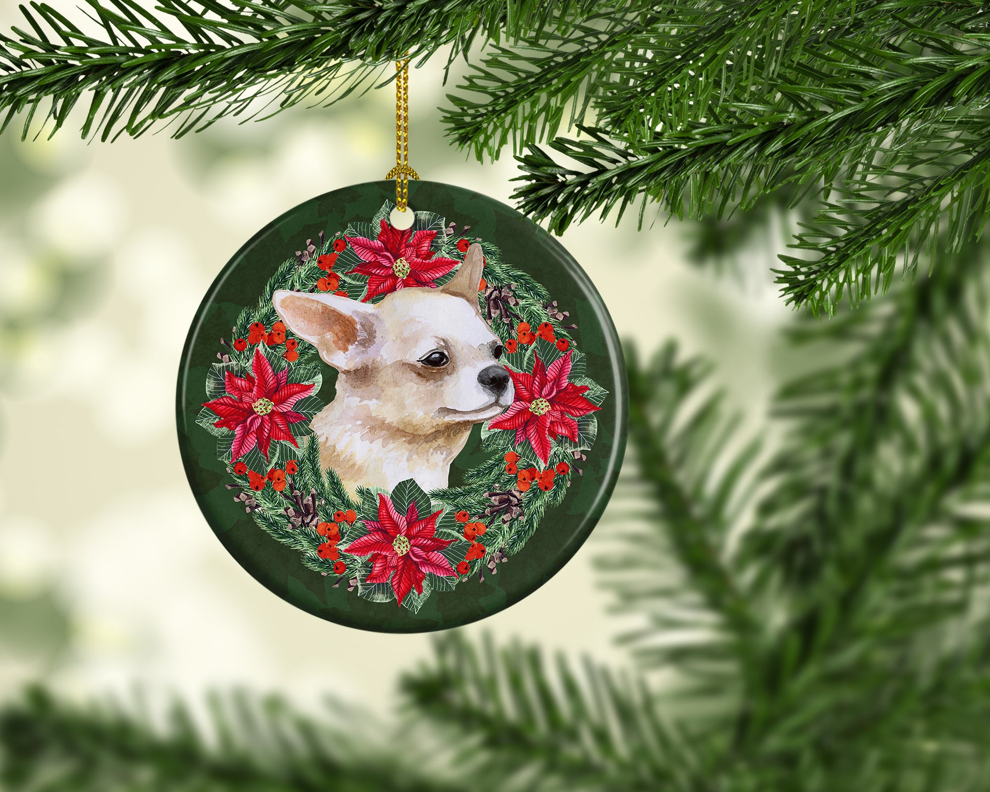 Buy this Chihuahua Leg up Poinsetta Wreath Ceramic Ornament