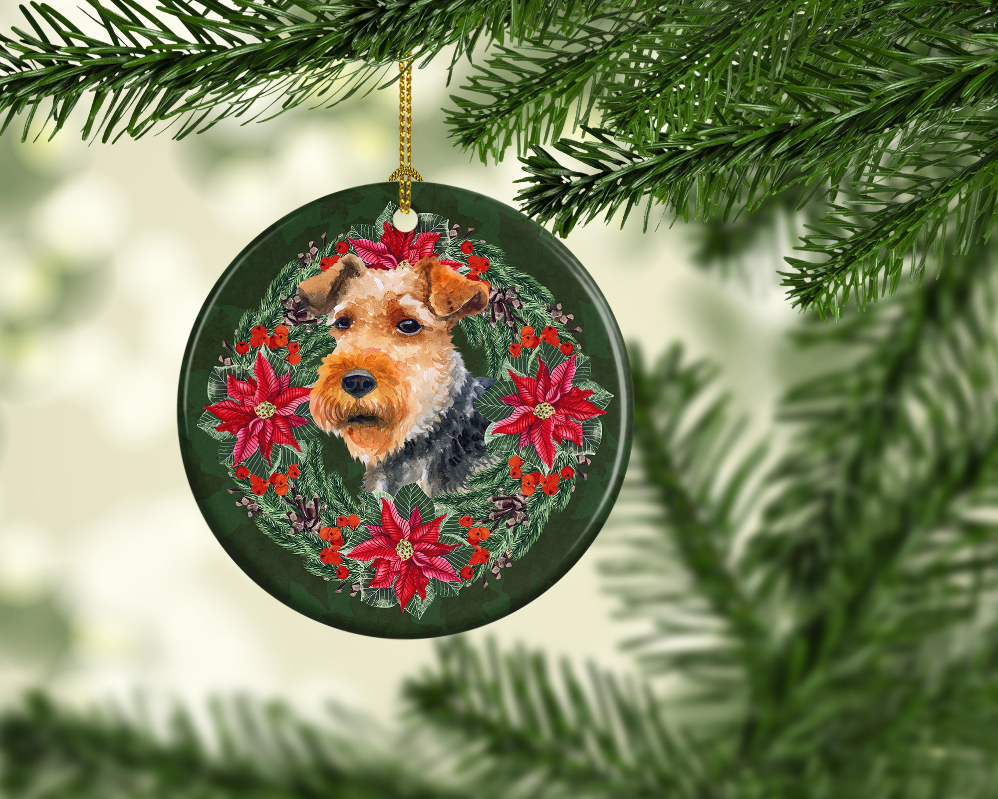 Buy this Welsh Terrier Poinsetta Wreath Ceramic Ornament