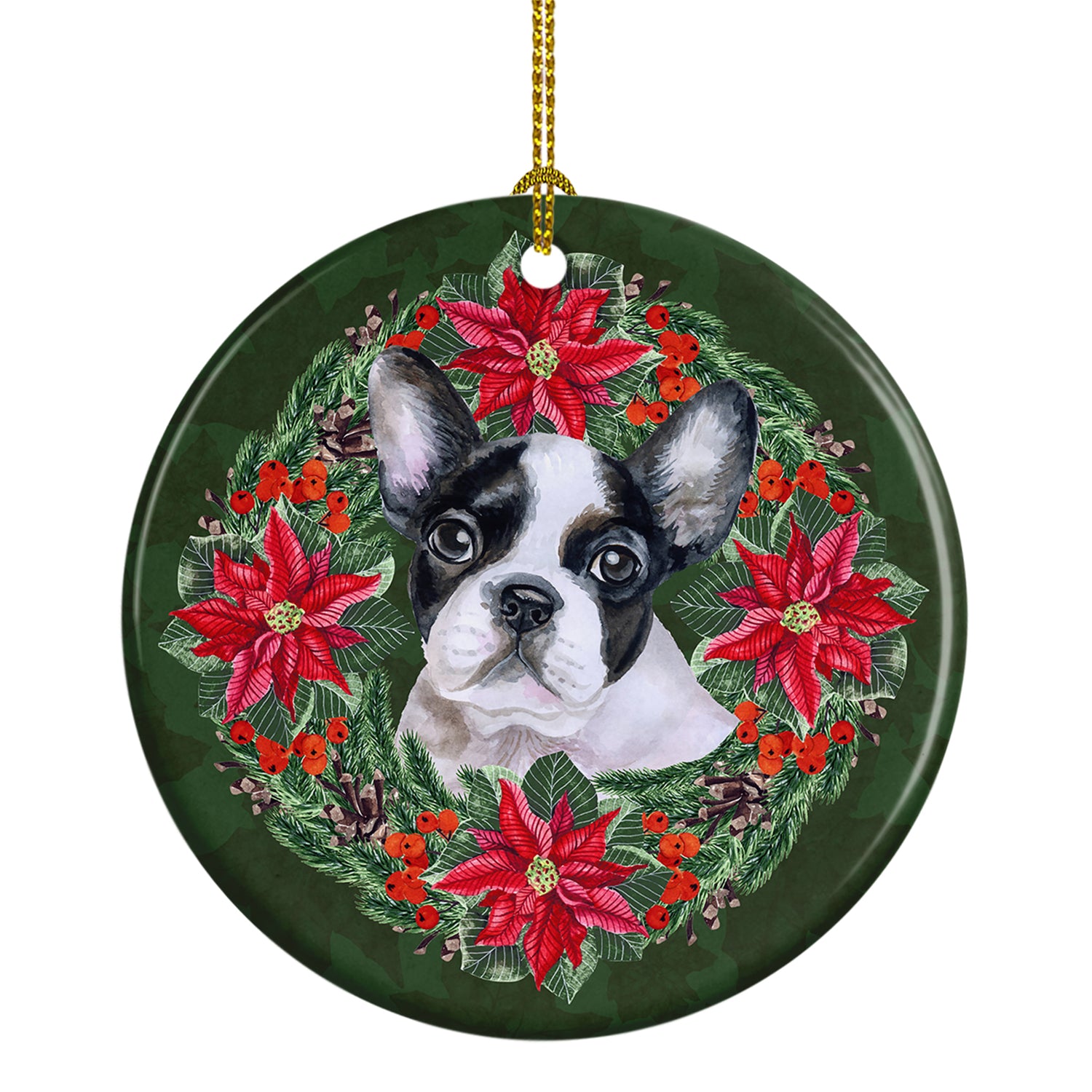 Buy this French Bulldog Black White Poinsetta Wreath Ceramic Ornament
