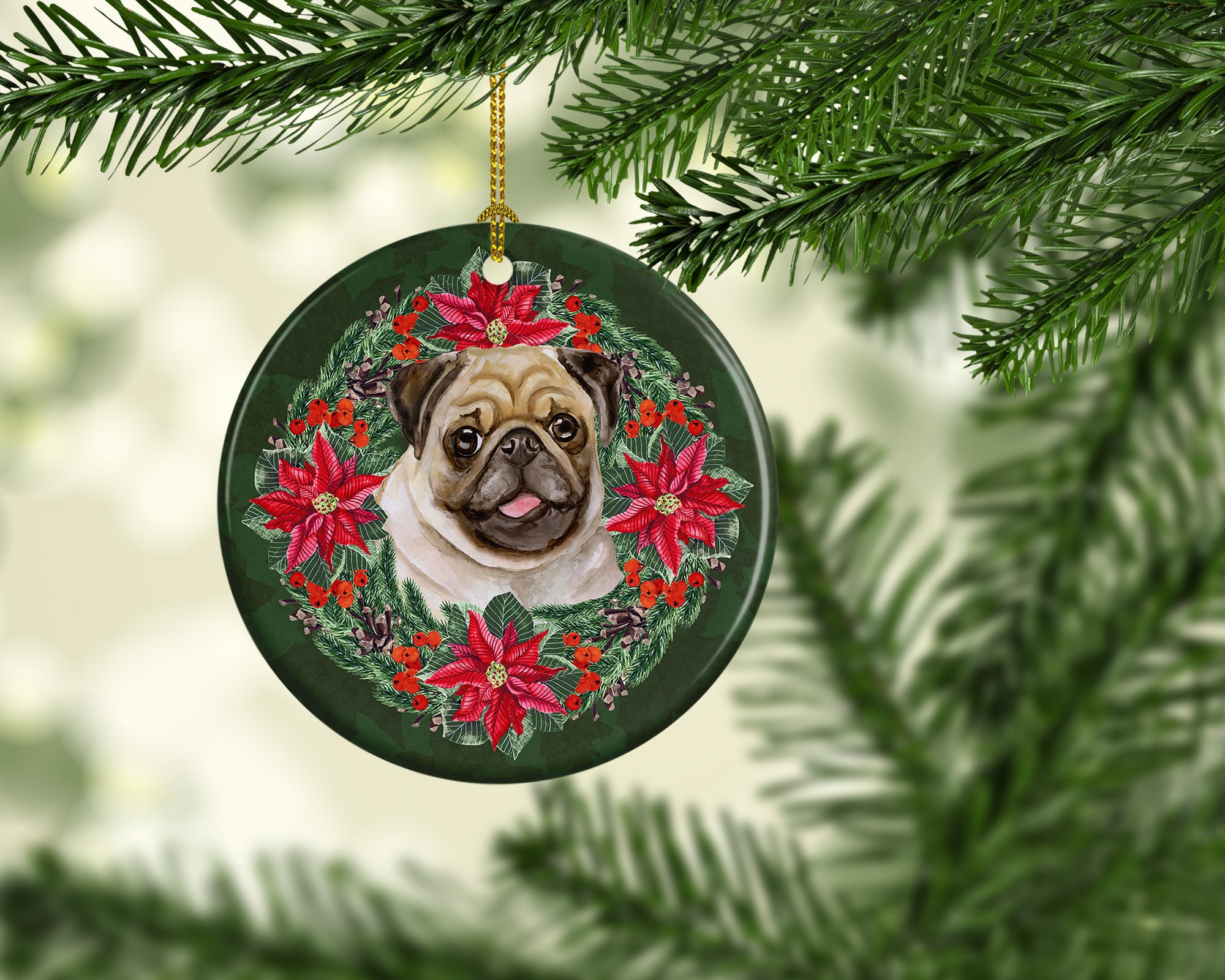 Buy this Fawn Pug Poinsetta Wreath Ceramic Ornament