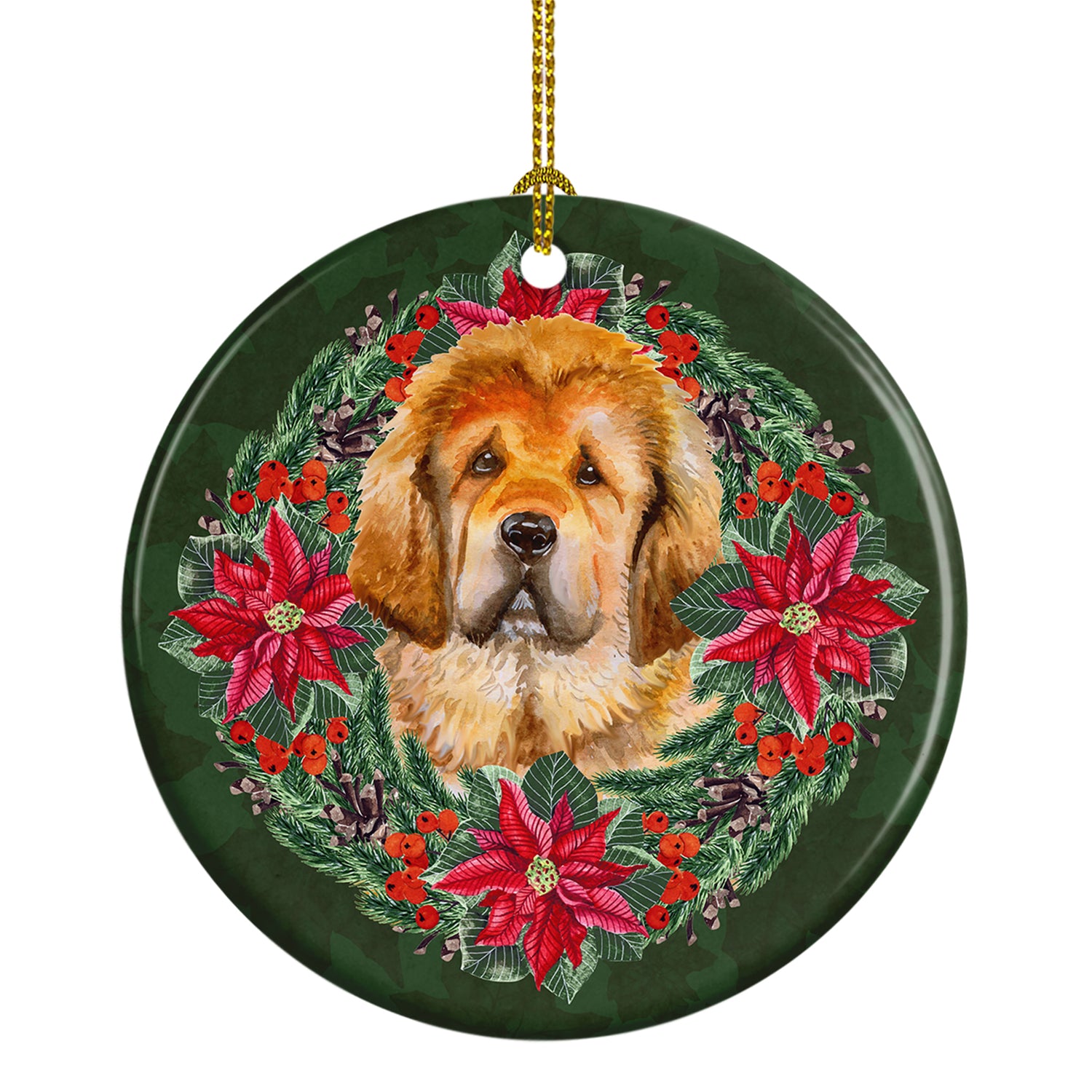 Buy this Tibetan Mastiff Poinsetta Wreath Ceramic Ornament