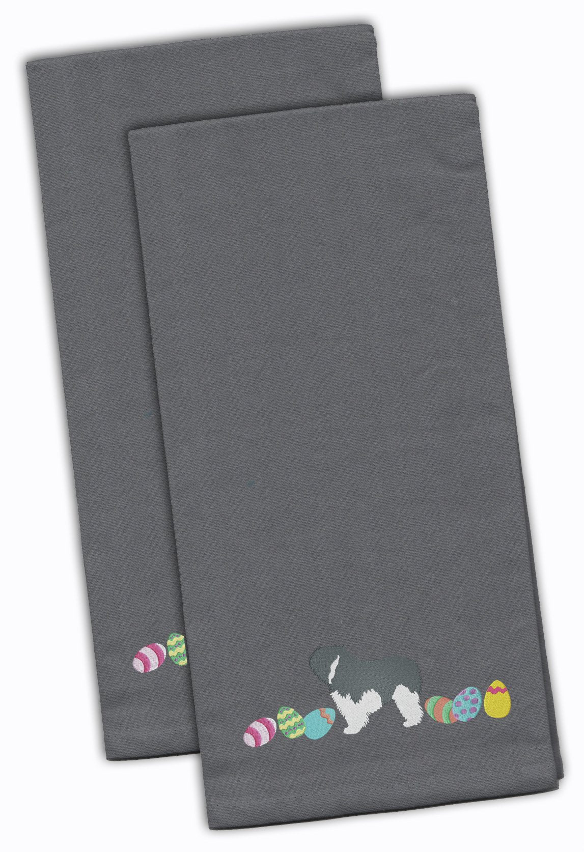 Polish Lowland Sheepdog Easter Gray Embroidered Kitchen Towel Set of 2 CK1669GYTWE by Caroline&#39;s Treasures