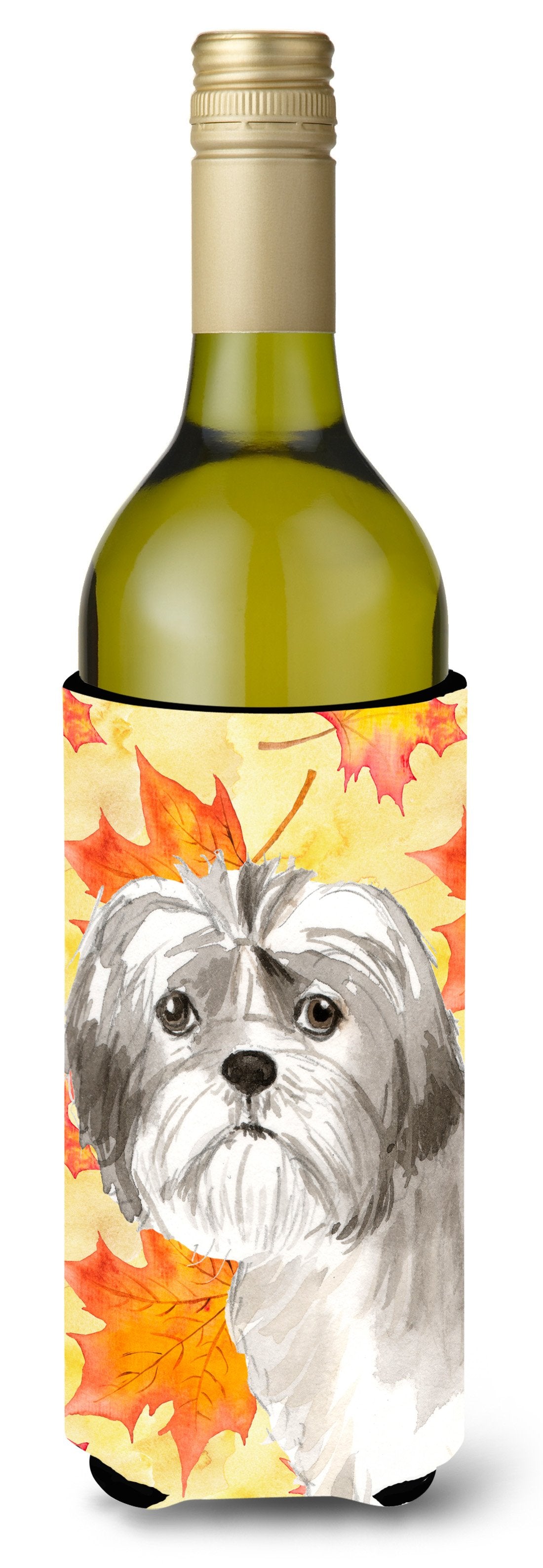 Fall Leaves Shih Tzu Puppy Wine Bottle Beverge Insulator Hugger CK1825LITERK by Caroline's Treasures