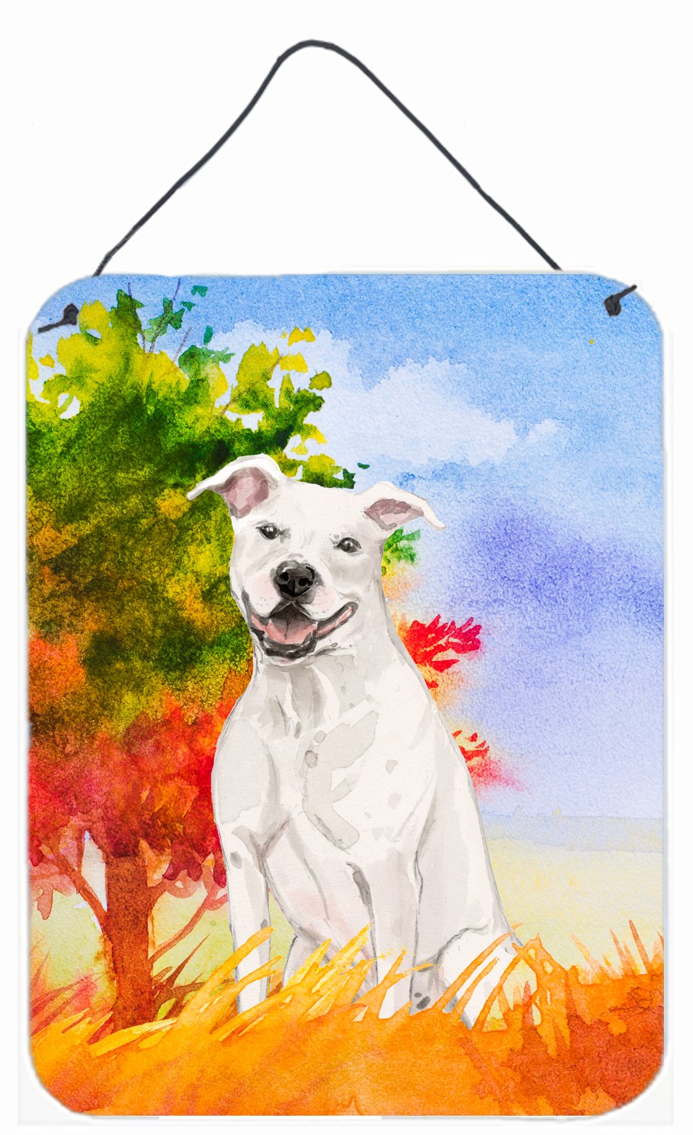 Fall White Staffie Bull Terrier Wall or Door Hanging Prints CK1961DS1216 by Caroline's Treasures