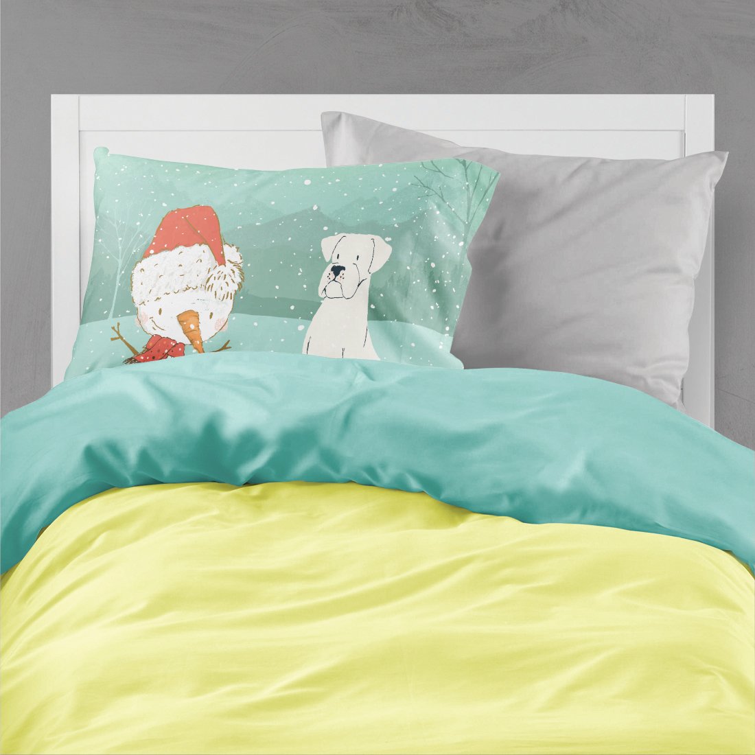 White Boxer and Snowman Christmas Fabric Standard Pillowcase CK2034PILLOWCASE by Caroline's Treasures