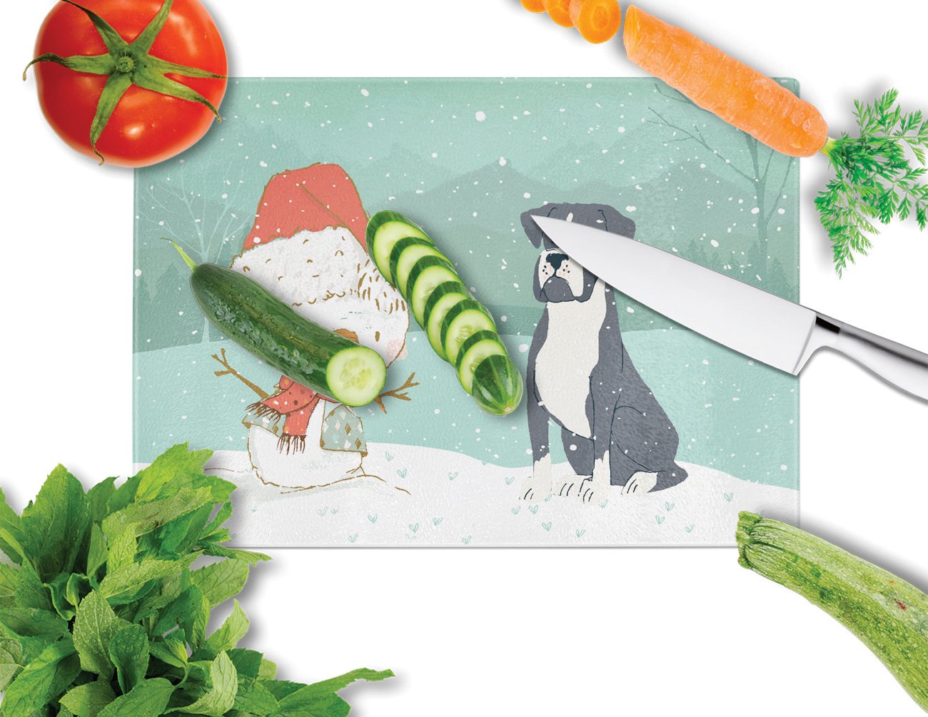 Black Boxer and Snowman Christmas Glass Cutting Board Large CK2035LCB by Caroline's Treasures