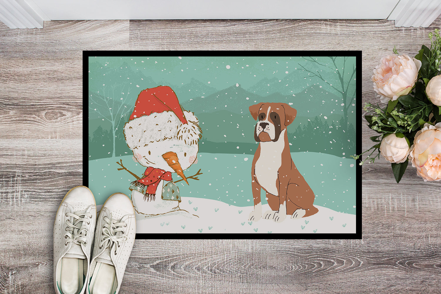 Fawn Boxer and Snowman Christmas Indoor or Outdoor Mat 18x27 CK2036MAT - the-store.com