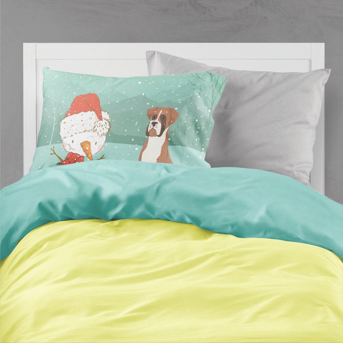 Fawn Boxer and Snowman Christmas Fabric Standard Pillowcase CK2036PILLOWCASE by Caroline's Treasures