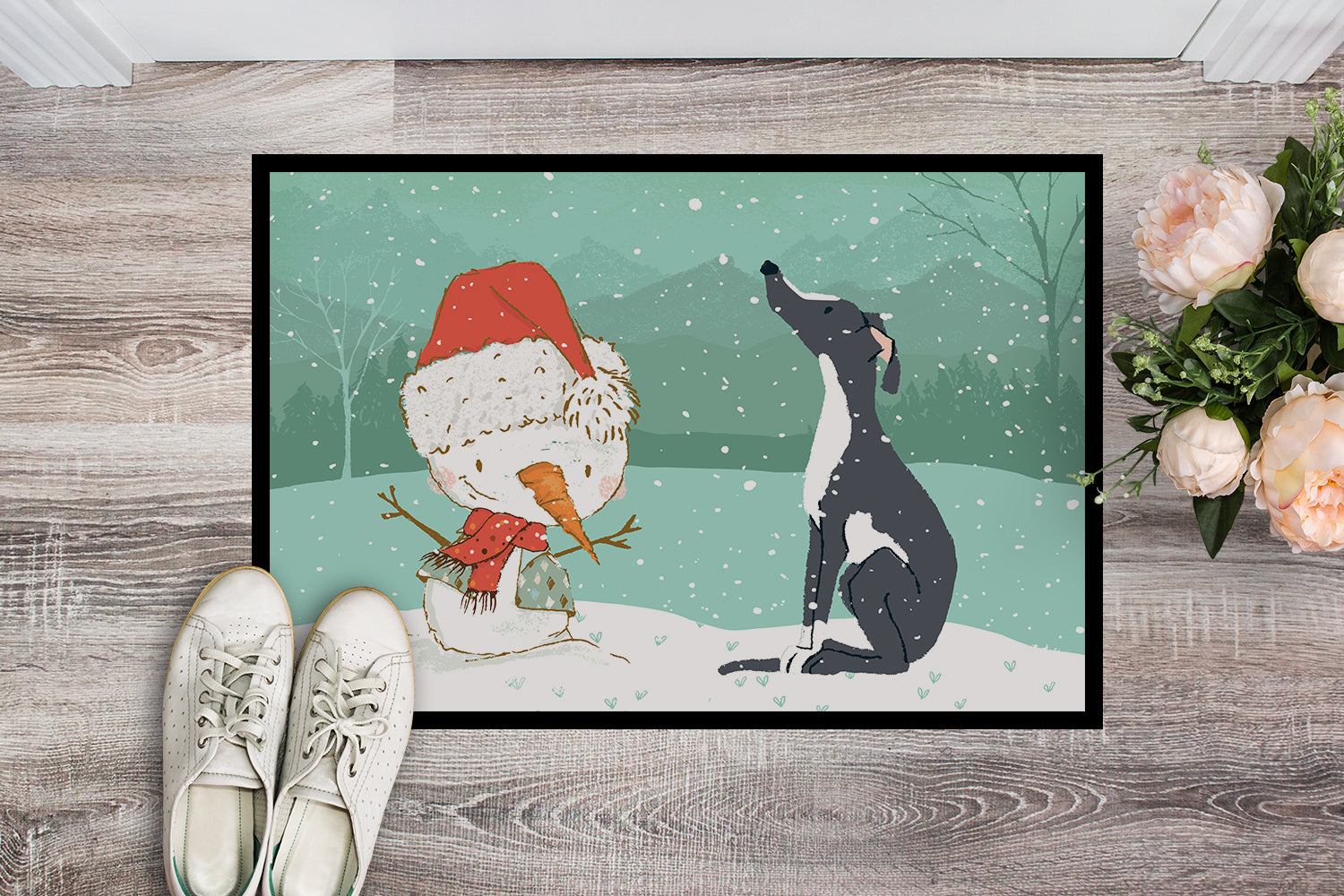 Black Greyhound Snowman Christmas Indoor or Outdoor Mat 18x27 CK2044MAT - the-store.com
