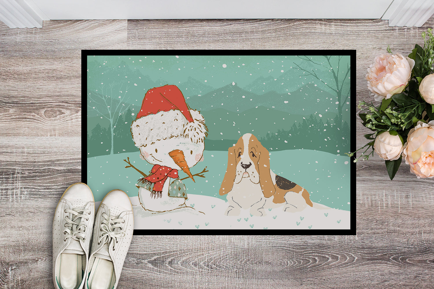 Basset Hound Snowman Christmas Indoor or Outdoor Mat 18x27 CK2051MAT - the-store.com