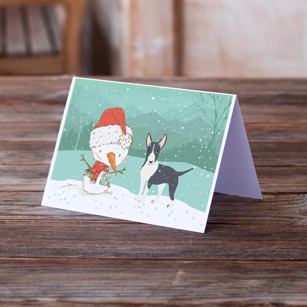 Buy this Black Bull Terrier Snowman Christmas Greeting Cards and Envelopes Pack of 8