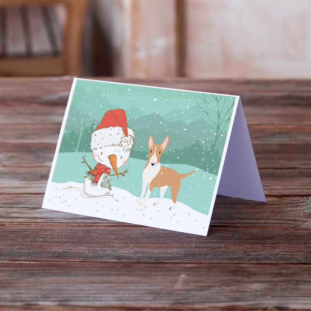 Buy this Fawn Bull Terrier Snowman Christmas Greeting Cards and Envelopes Pack of 8