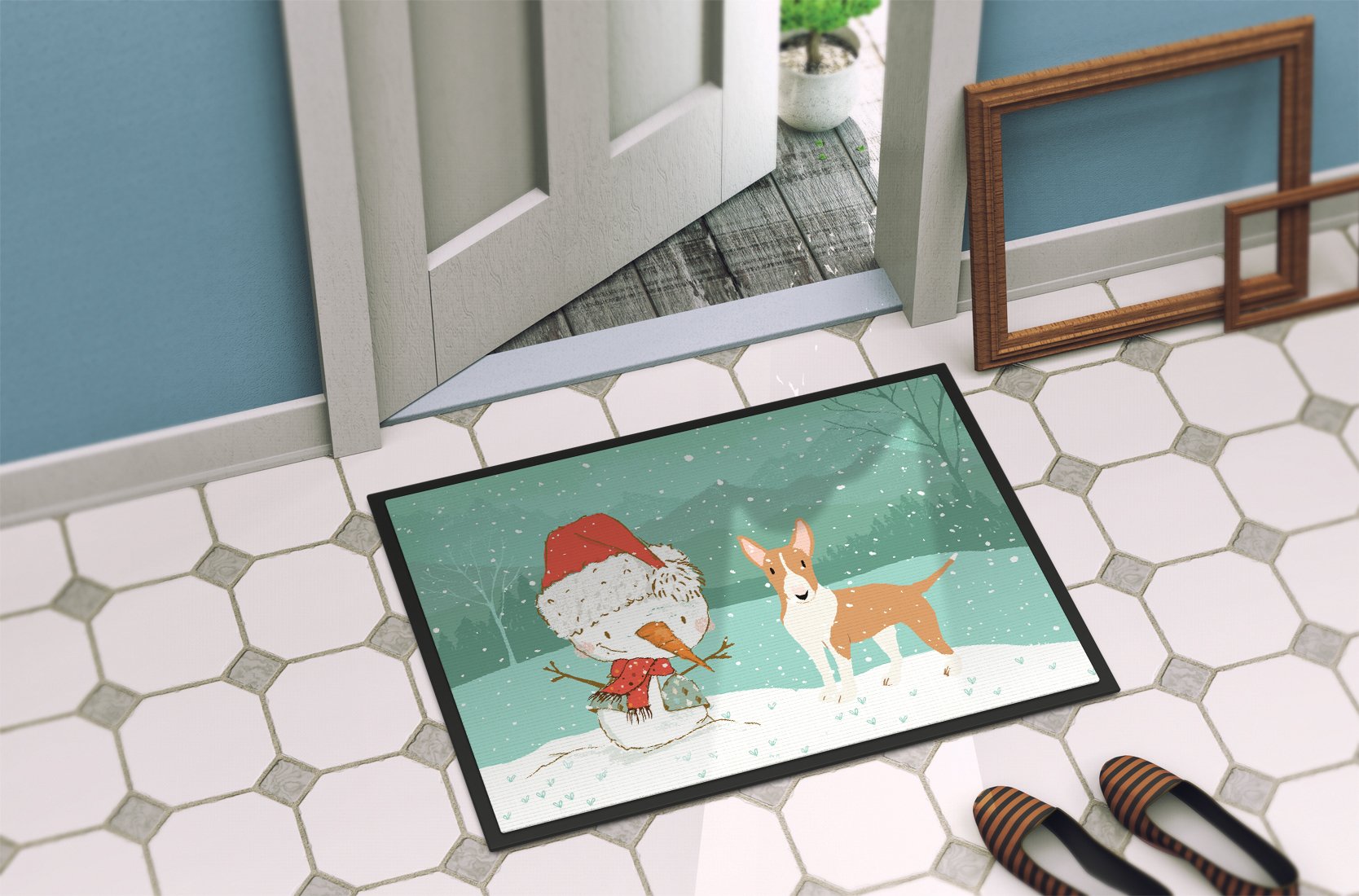 Fawn Bull Terrier Snowman Christmas Indoor or Outdoor Mat 24x36 CK2056JMAT by Caroline's Treasures