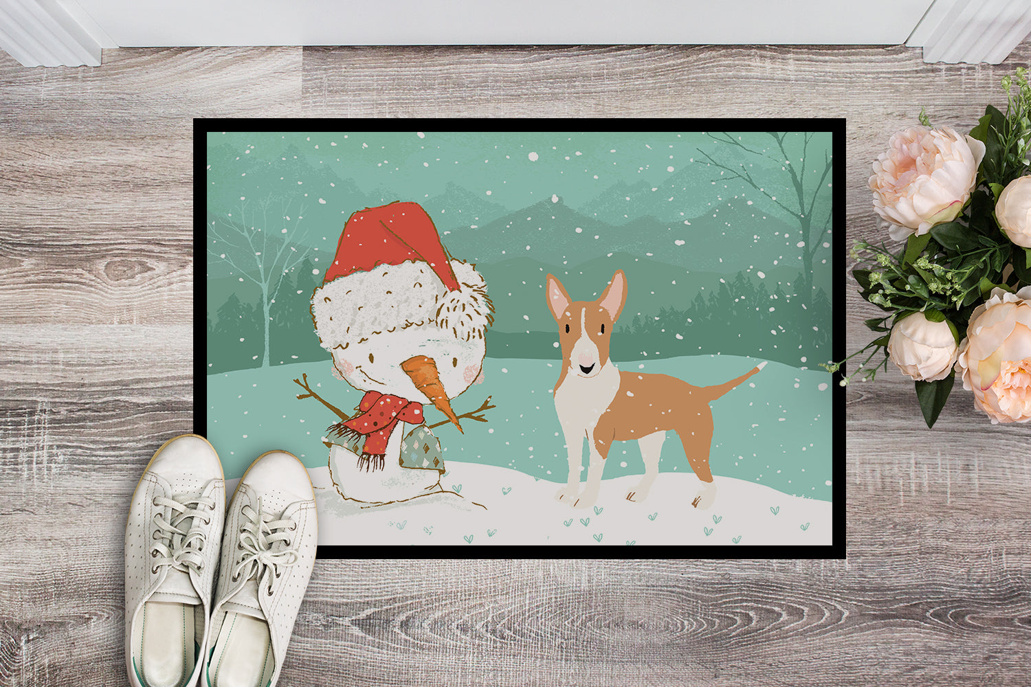 Fawn Bull Terrier Snowman Christmas Indoor or Outdoor Mat 18x27 CK2056MAT - the-store.com