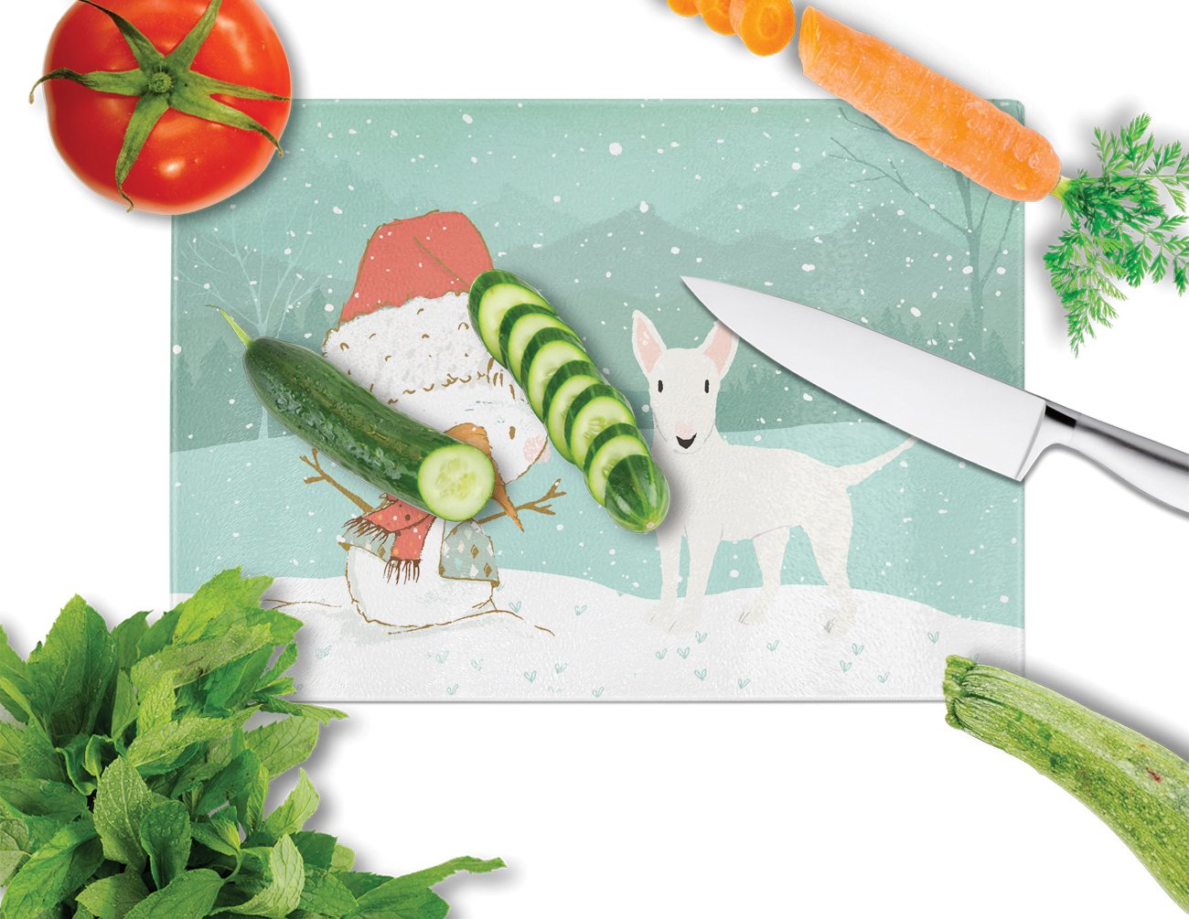 White Bull Terrier Snowman Christmas Glass Cutting Board Large CK2058LCB by Caroline's Treasures