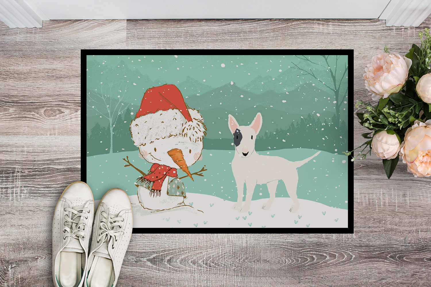 White Spot Bull Terrier Snowman Christmas Indoor or Outdoor Mat 18x27 CK2059MAT - the-store.com