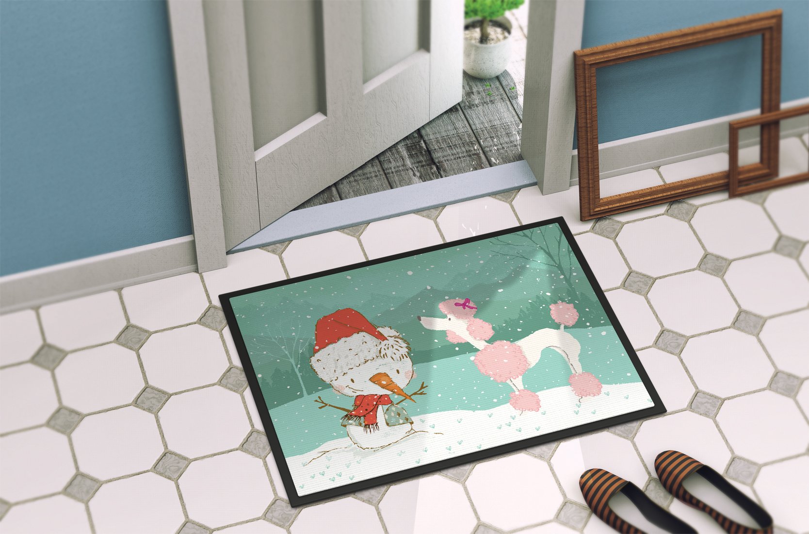 Pink Poodle Snowman Christmas Indoor or Outdoor Mat 24x36 CK2066JMAT by Caroline's Treasures