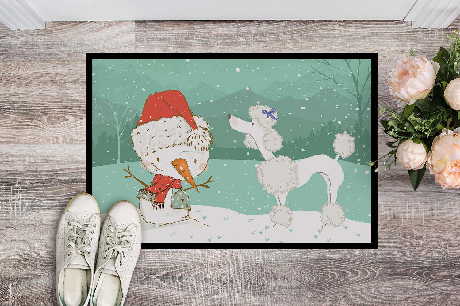 White Poodle Snowman Christmas Indoor or Outdoor Mat 18x27 CK2067MAT - the-store.com