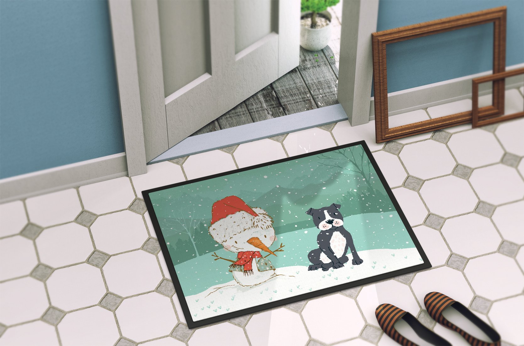 Black Staffie Snowman Christmas Indoor or Outdoor Mat 24x36 CK2075JMAT by Caroline's Treasures