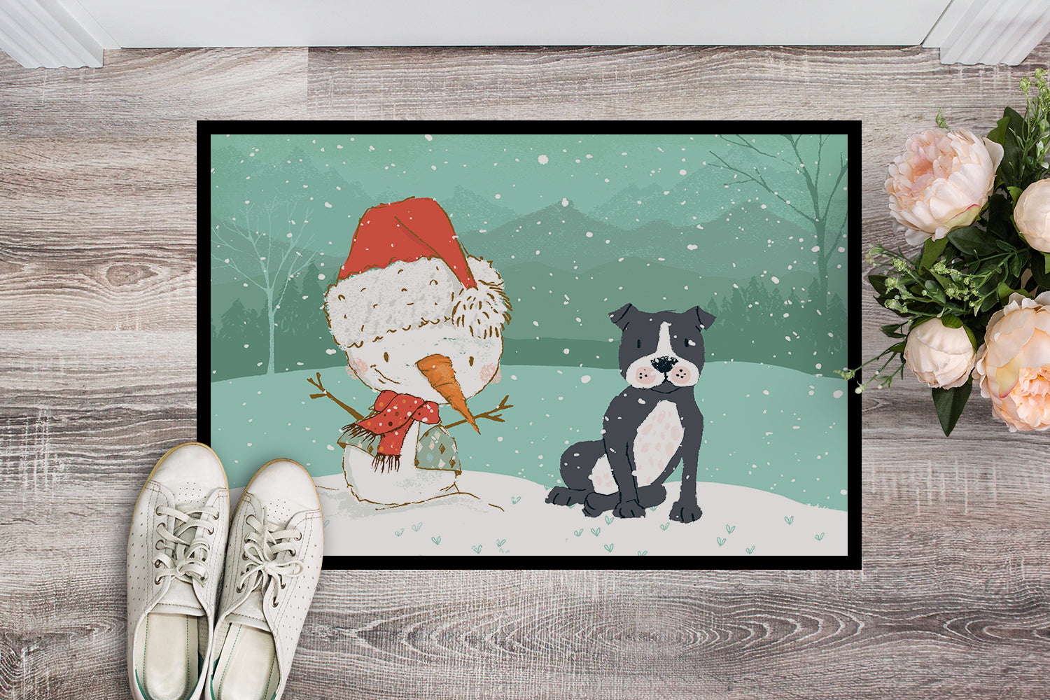 Black Staffie Snowman Christmas Indoor or Outdoor Mat 18x27 CK2075MAT - the-store.com