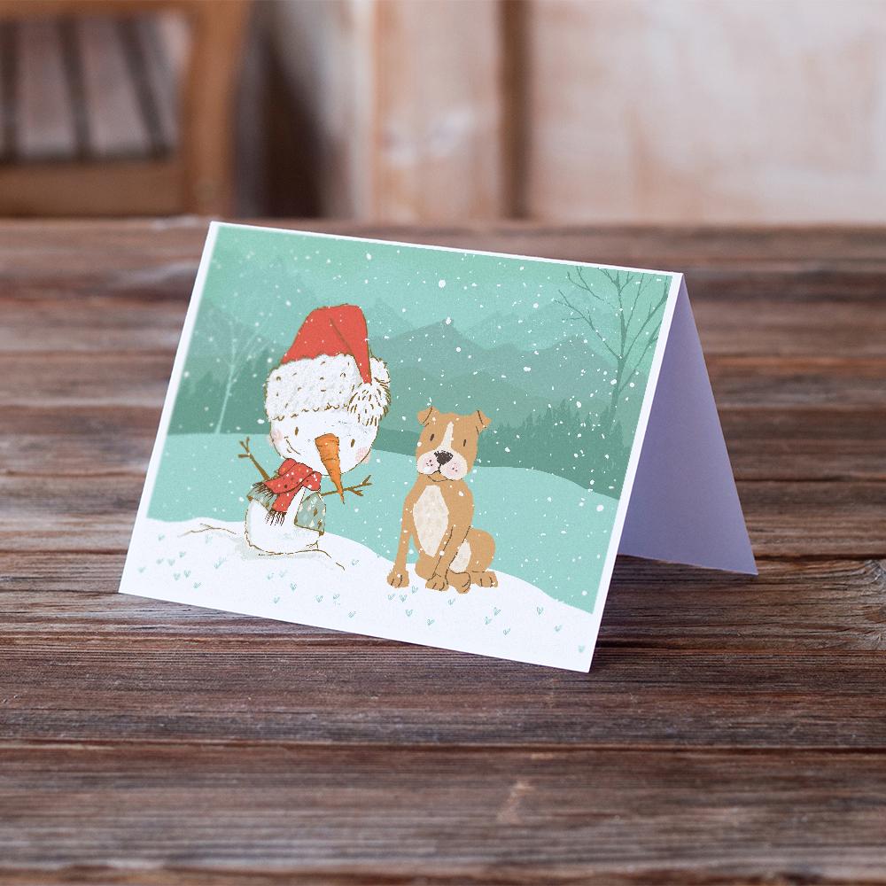 Brown Staffie Snowman Christmas Greeting Cards and Envelopes Pack of 8 - the-store.com