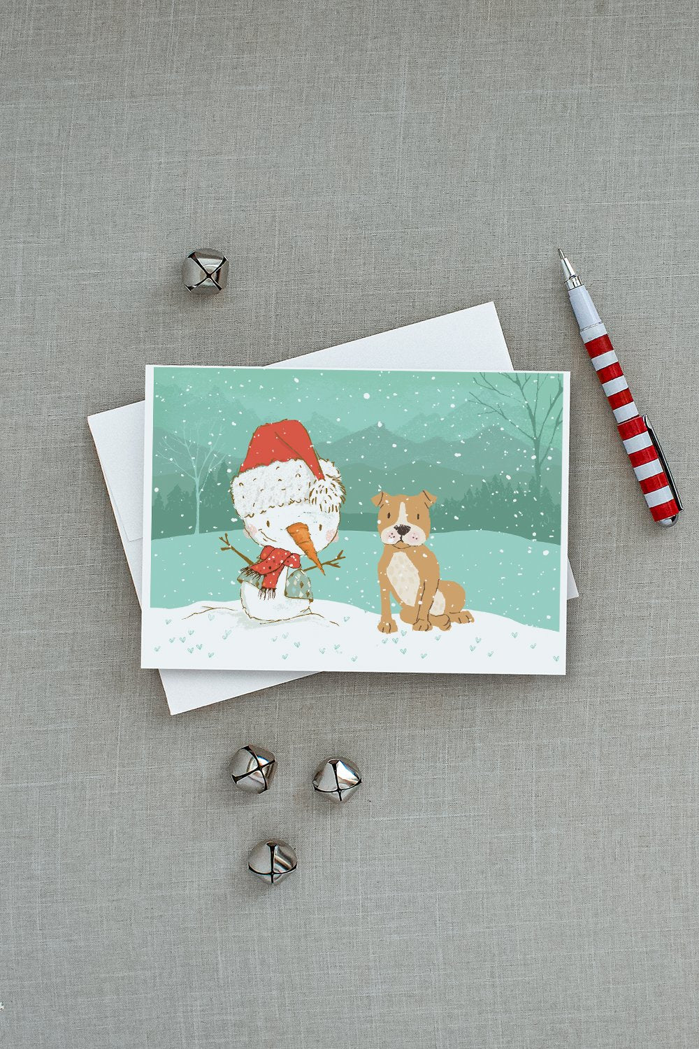 Brown Staffie Snowman Christmas Greeting Cards and Envelopes Pack of 8 - the-store.com