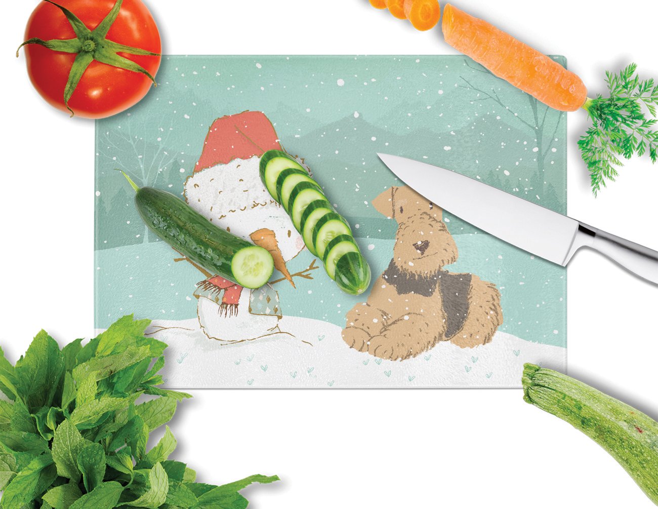 Airedale Terrier Snowman Christmas Glass Cutting Board Large CK2078LCB by Caroline's Treasures