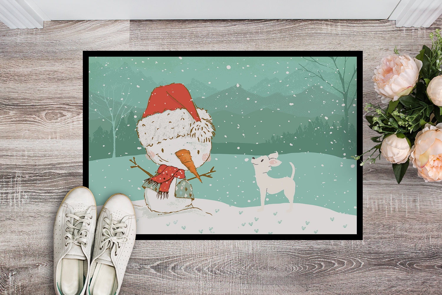 White Chihuahua Snowman Christmas Indoor or Outdoor Mat 18x27 CK2082MAT - the-store.com
