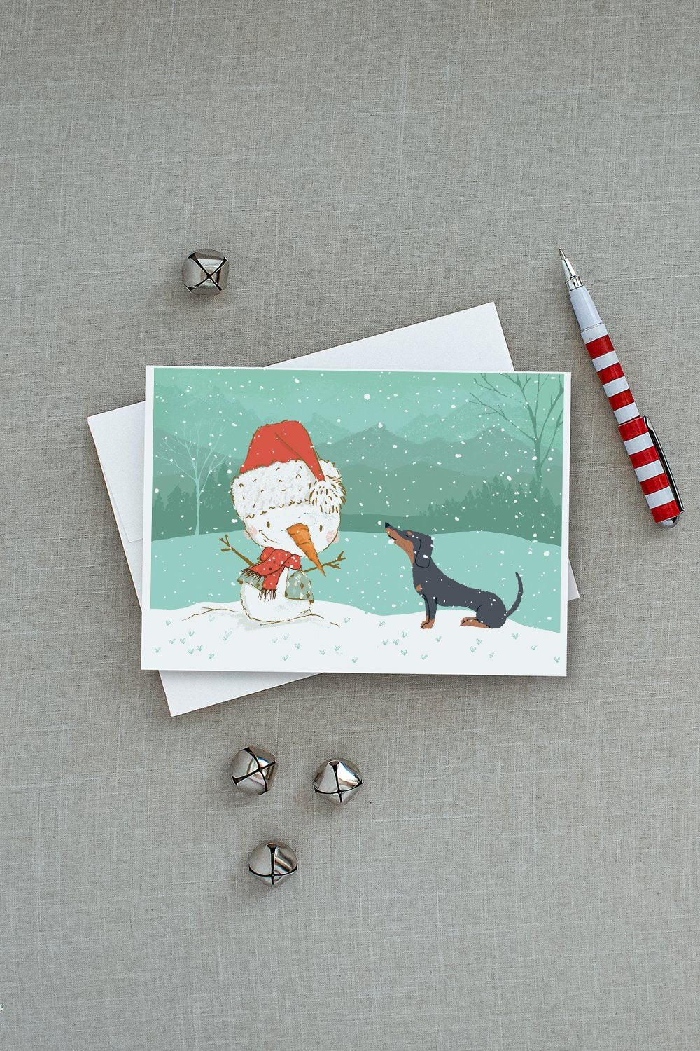Black Tan Dachshund Snowman Christmas Greeting Cards and Envelopes Pack of 8 - the-store.com