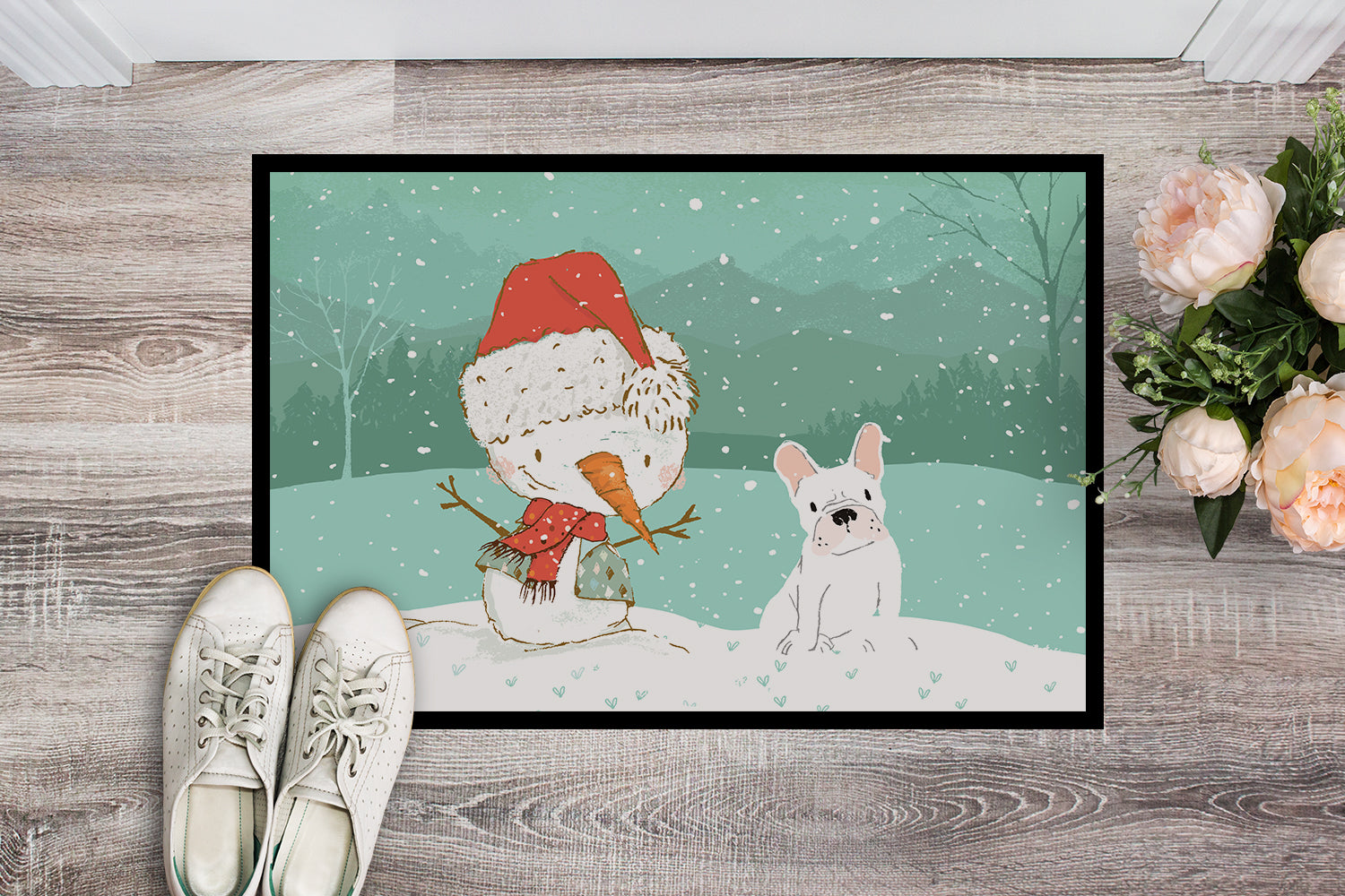 White French Bulldog Snowman Christmas Indoor or Outdoor Mat 18x27 CK2088MAT - the-store.com