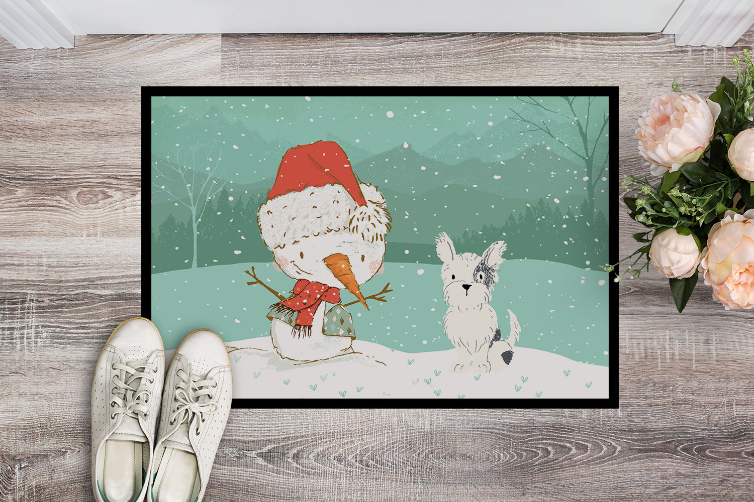 Black and White Terrier Snowman Christmas Indoor or Outdoor Mat 18x27 CK2095MAT - the-store.com