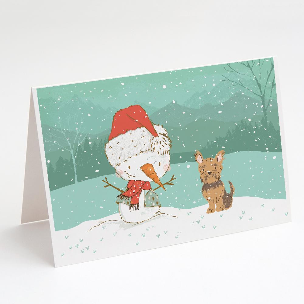 Buy this Yorkie Cropped Ears Snowman Christmas Greeting Cards and Envelopes Pack of 8
