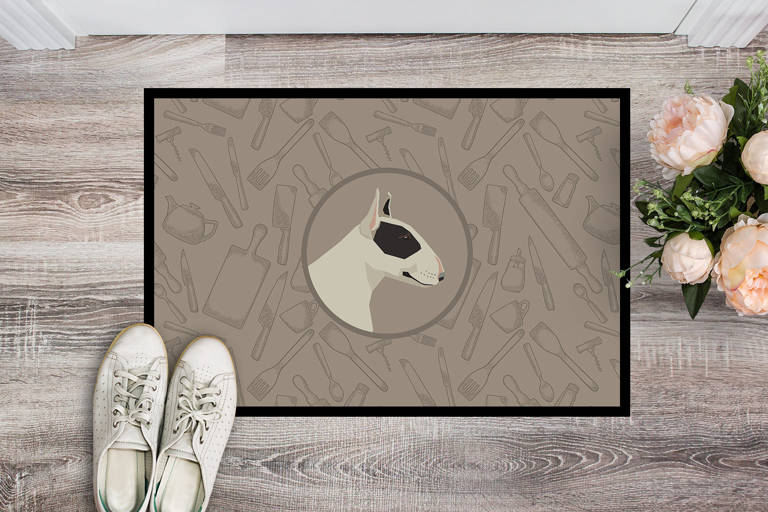 Black and White Bull Terrier In the Kitchen Indoor or Outdoor Mat 18x27 CK2174MAT - the-store.com
