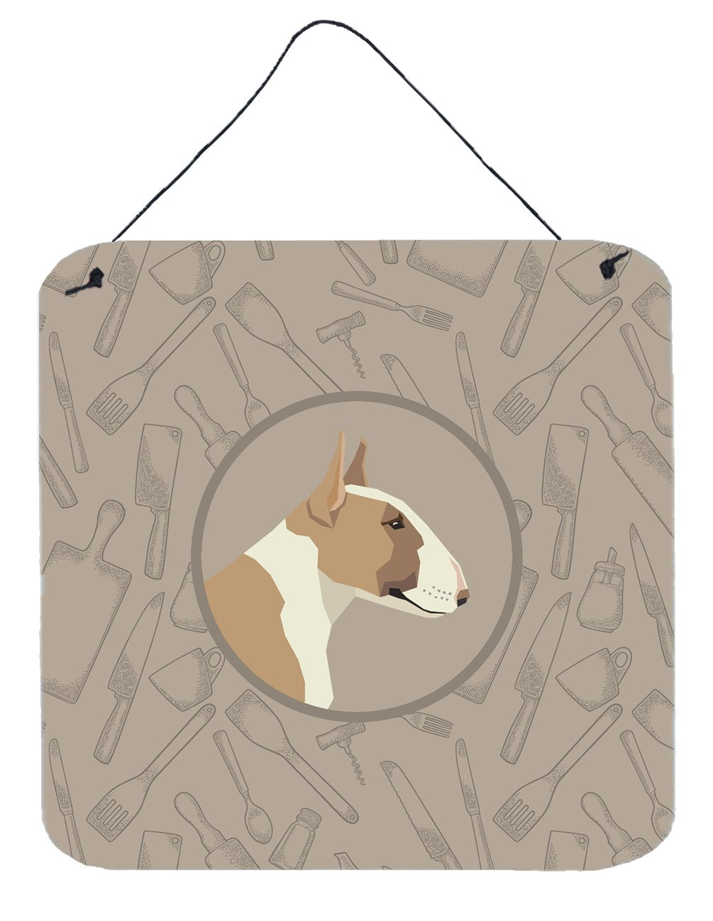 Fawn and White Bull Terrier In the Kitchen Wall or Door Hanging Prints CK2175DS66 by Caroline's Treasures