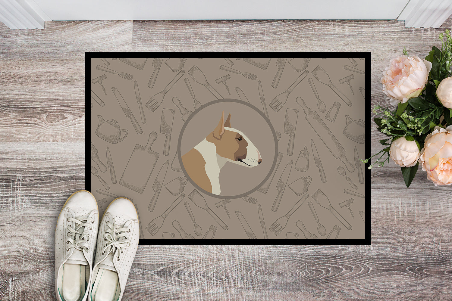 Fawn and White Bull Terrier In the Kitchen Indoor or Outdoor Mat 18x27 CK2175MAT - the-store.com