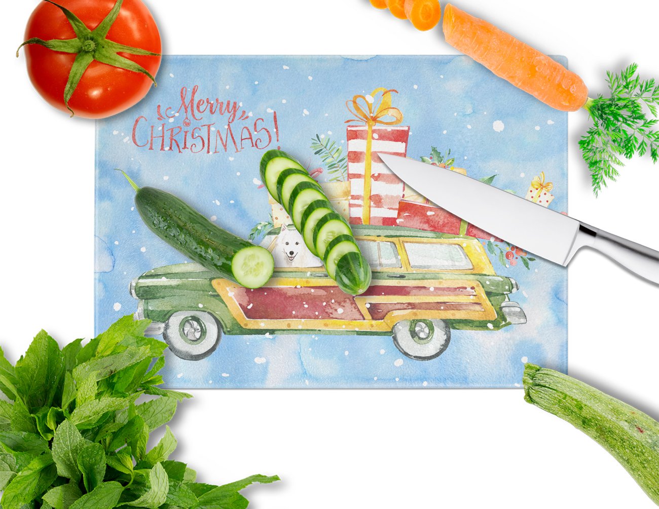Merry Christmas Japanese Spitz Glass Cutting Board Large CK2410LCB by Caroline's Treasures