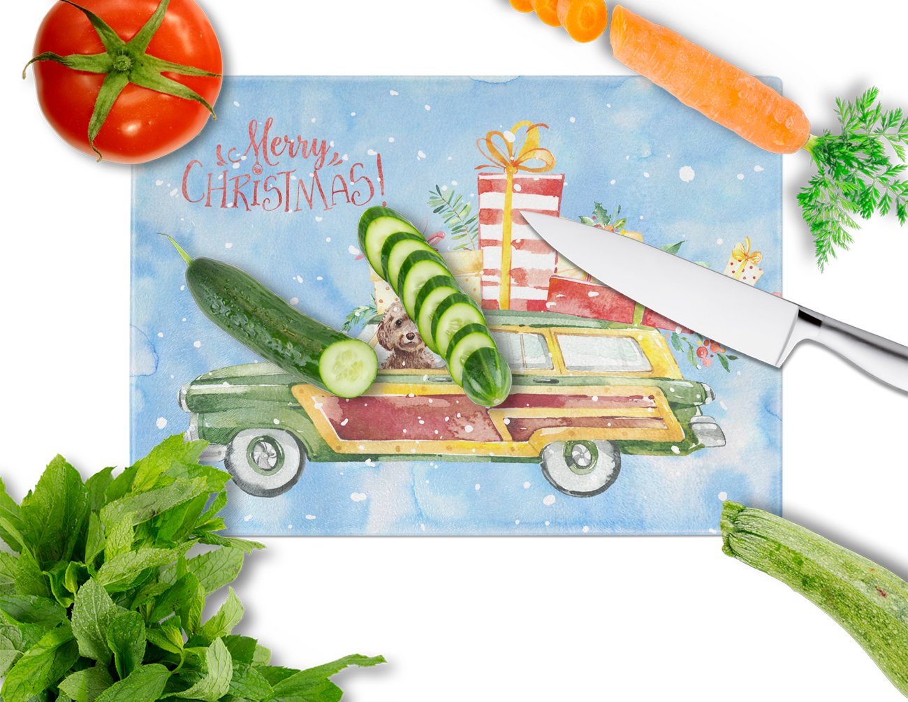Merry Christmas Brown Cockapoo Glass Cutting Board Large CK2446LCB by Caroline's Treasures