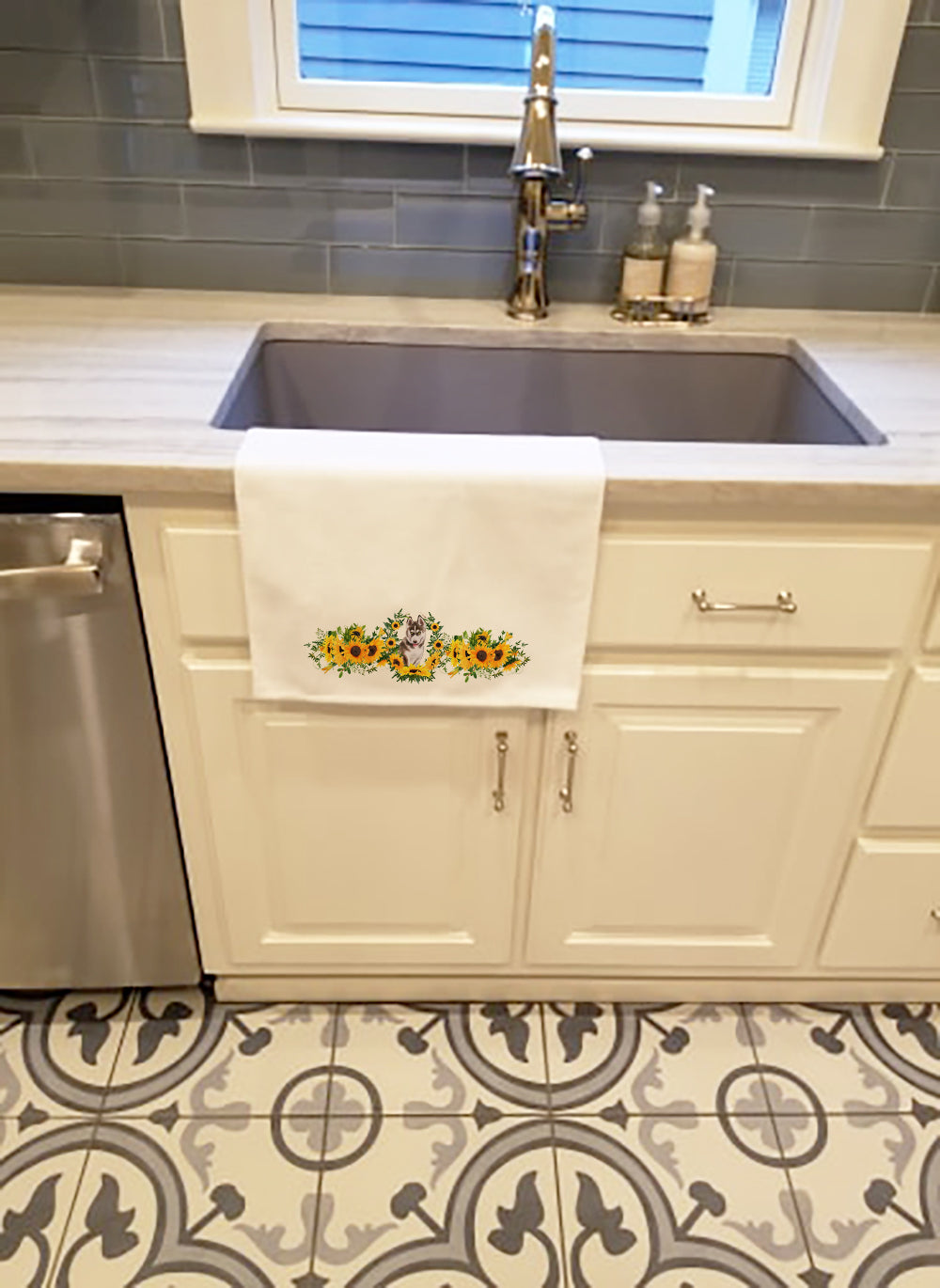 Buy this Siberian Husky Grey in Sunflowers White Kitchen Towel Set of 2