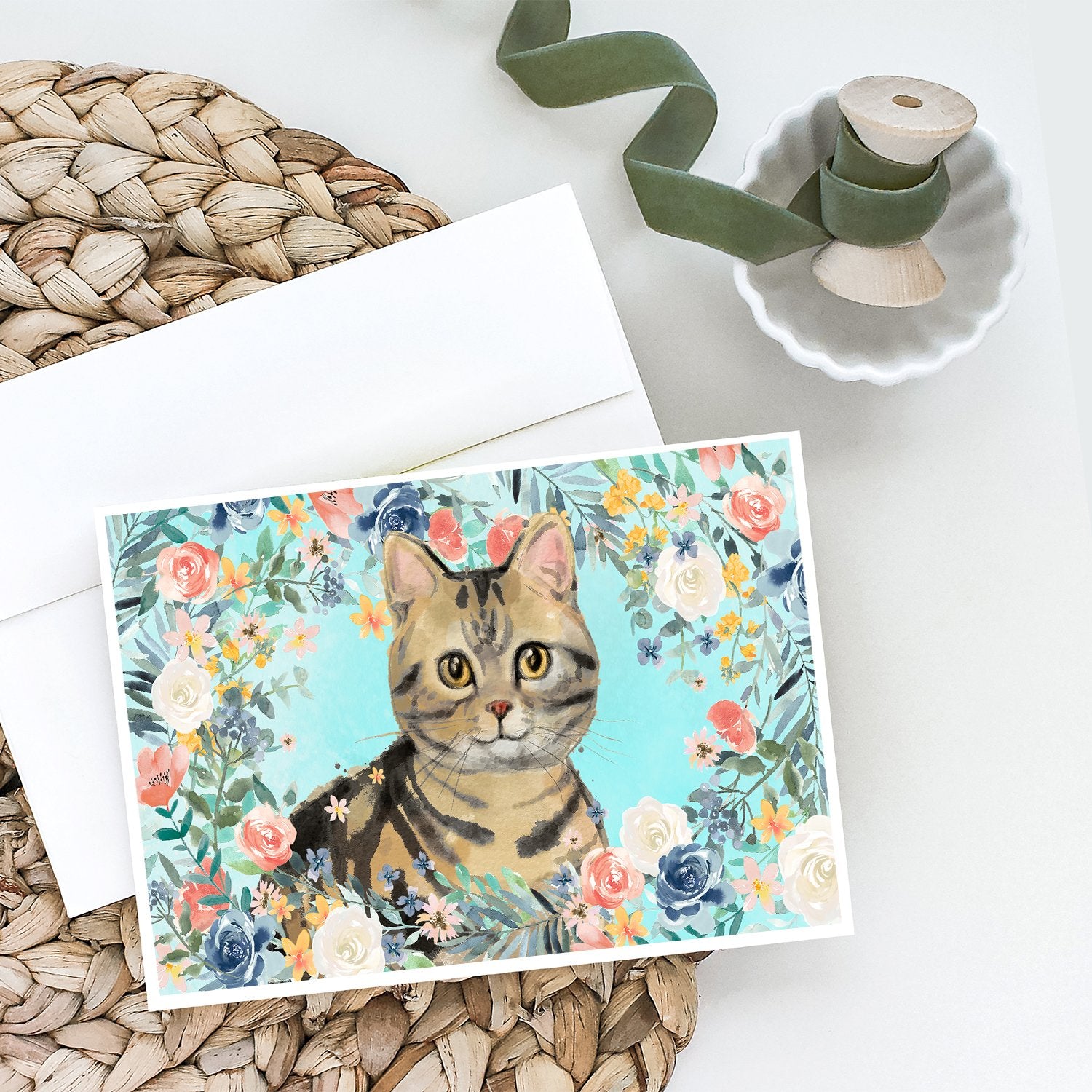 American Shorthair Brown Tabby Spring Flowers Greeting Cards and Envelopes Pack of 8 - the-store.com