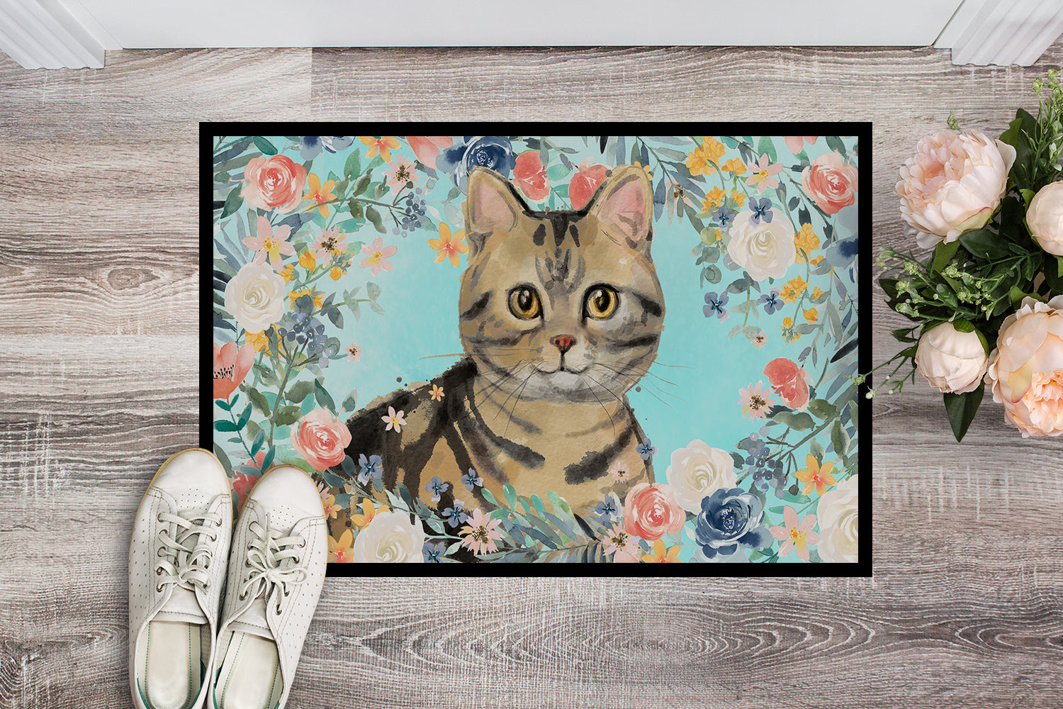 American Shorthair Brown Tabby Spring Flowers Indoor or Outdoor Mat 18x27 CK3387MAT - the-store.com