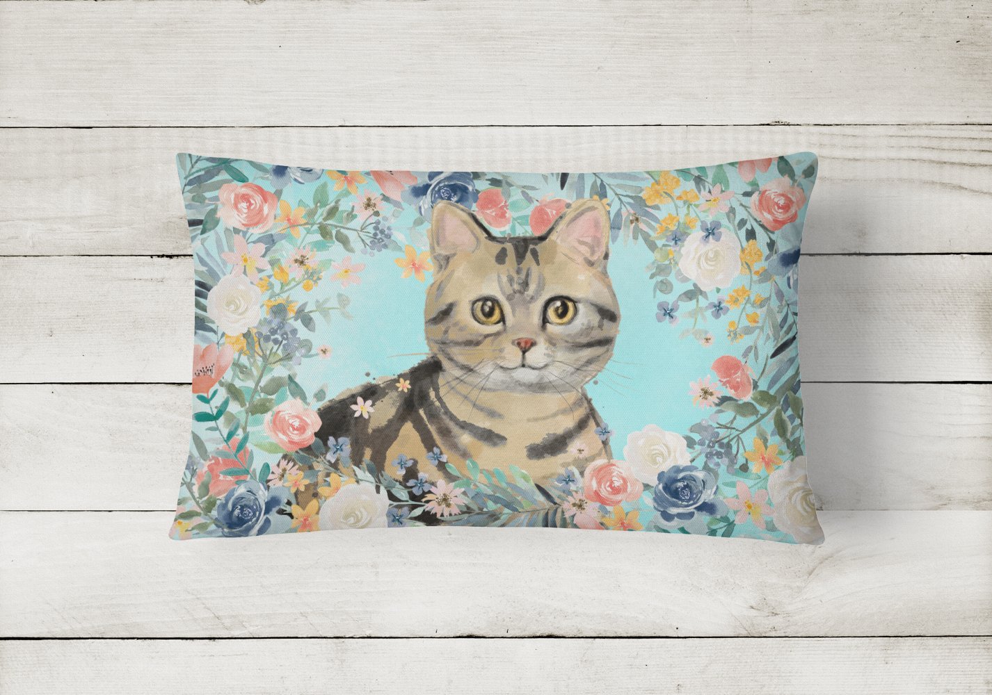 American Shorthair Brown Tabby Spring Flowers Canvas Fabric Decorative Pillow CK3387PW1216 by Caroline's Treasures