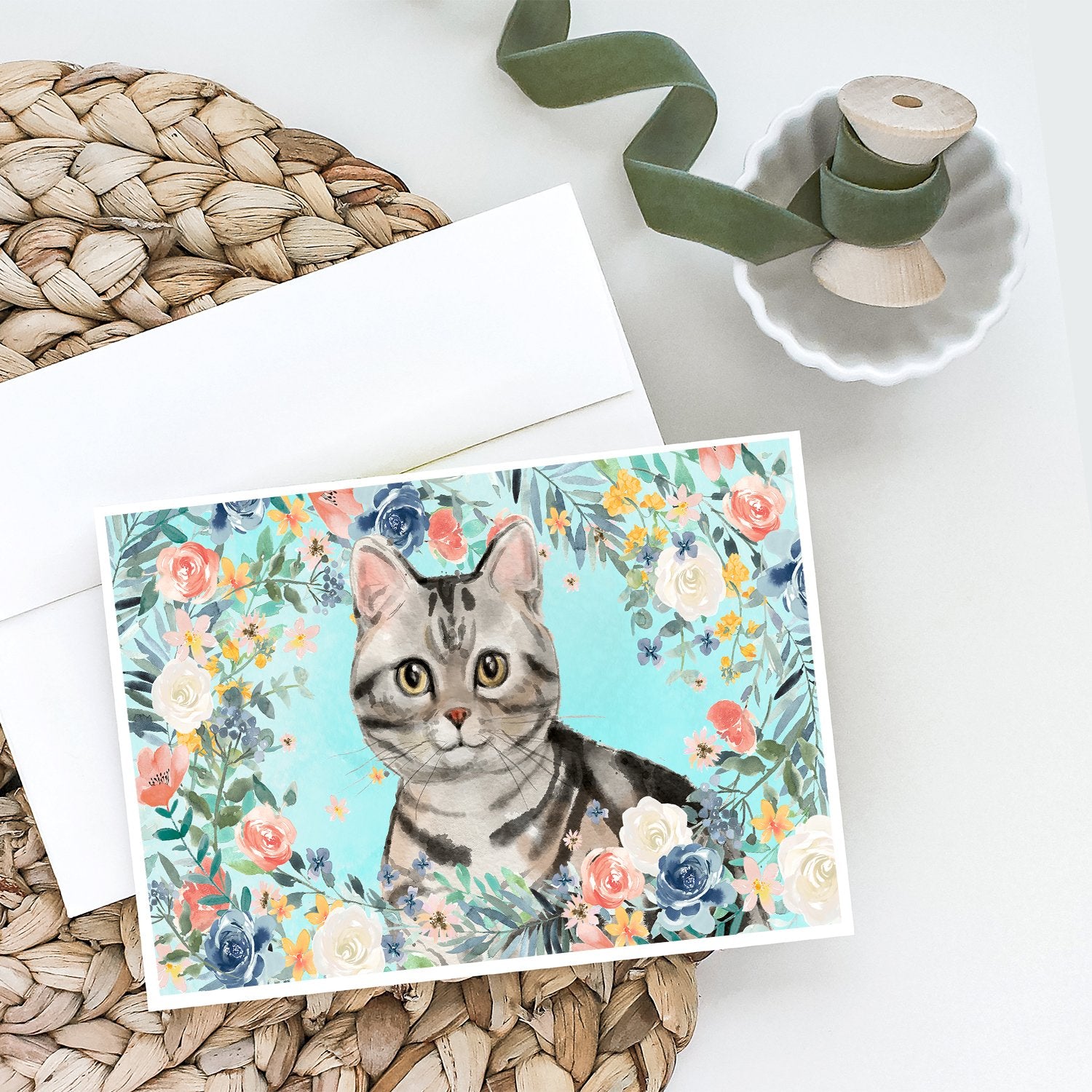 American Shorthair Spring Flowers Greeting Cards and Envelopes Pack of 8 - the-store.com