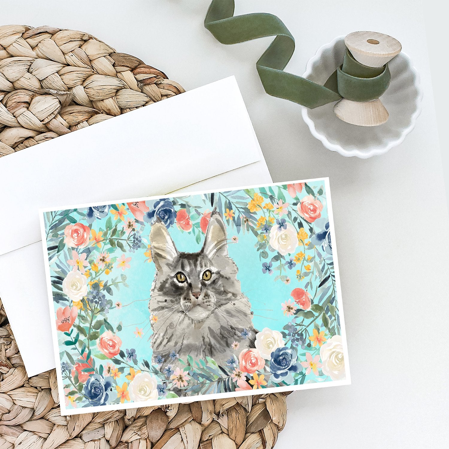 Buy this Maine Coon Spring Flowers Greeting Cards and Envelopes Pack of 8