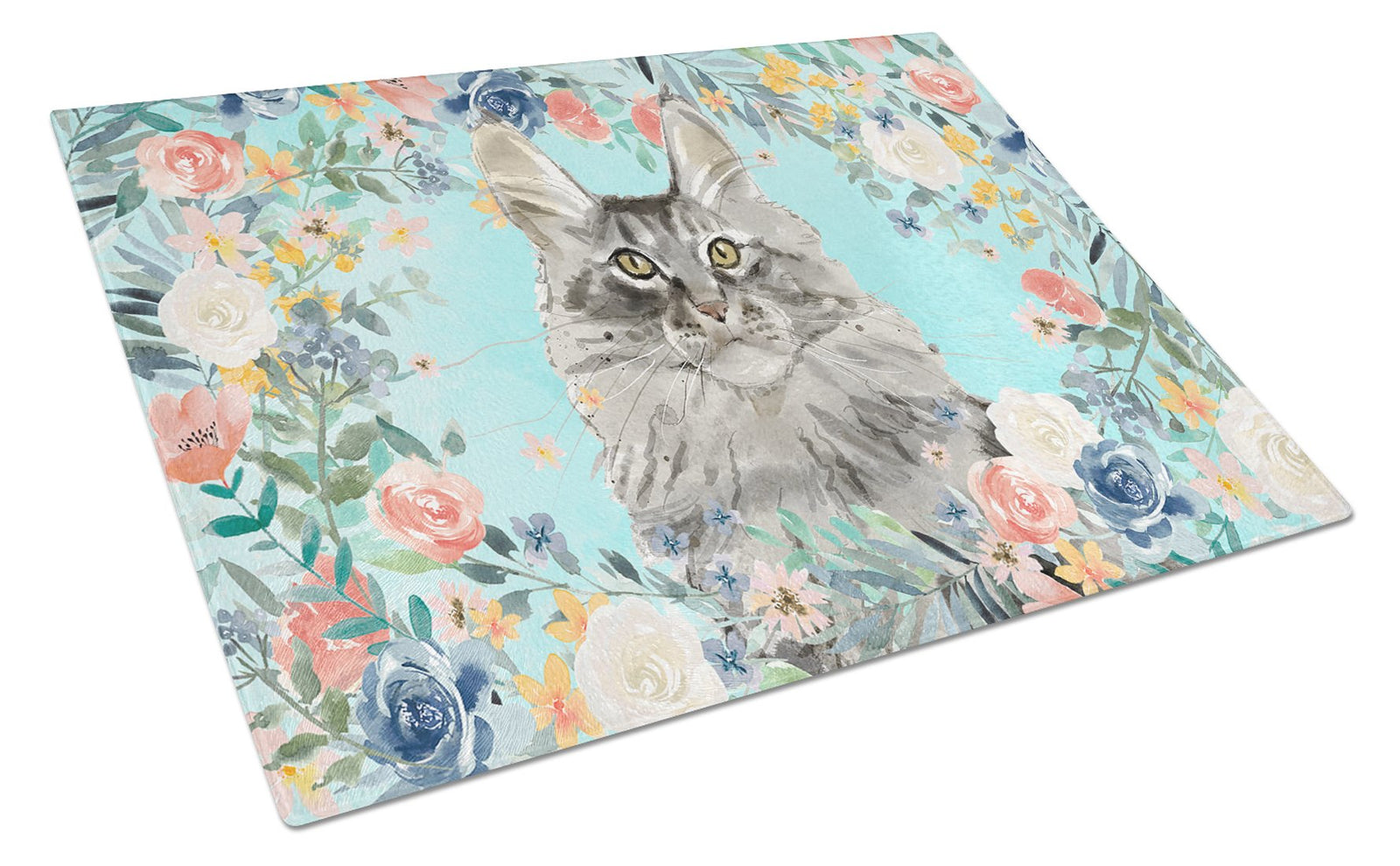 Maine Coon Spring Flowers Glass Cutting Board Large CK3393LCB by Caroline's Treasures