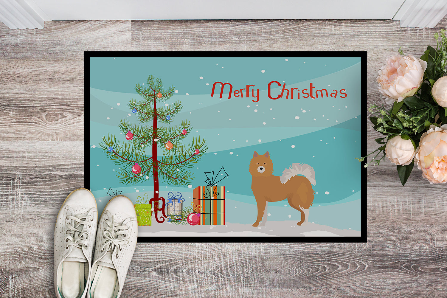 Brown & White Elo dog Christmas Tree Indoor or Outdoor Mat 18x27 CK3451MAT - the-store.com