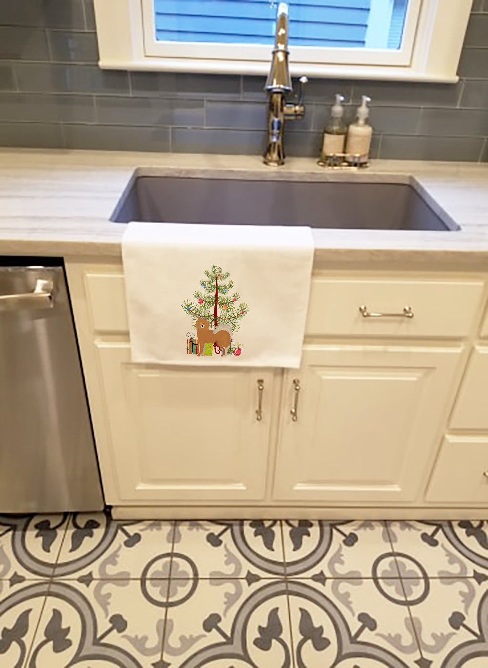 Buy this Brown & White Elo dog Christmas Tree White Kitchen Towel Set of 2