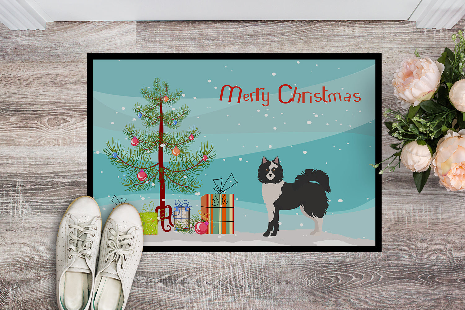 Black and White Elo dog Christmas Tree Indoor or Outdoor Mat 18x27 CK3452MAT - the-store.com