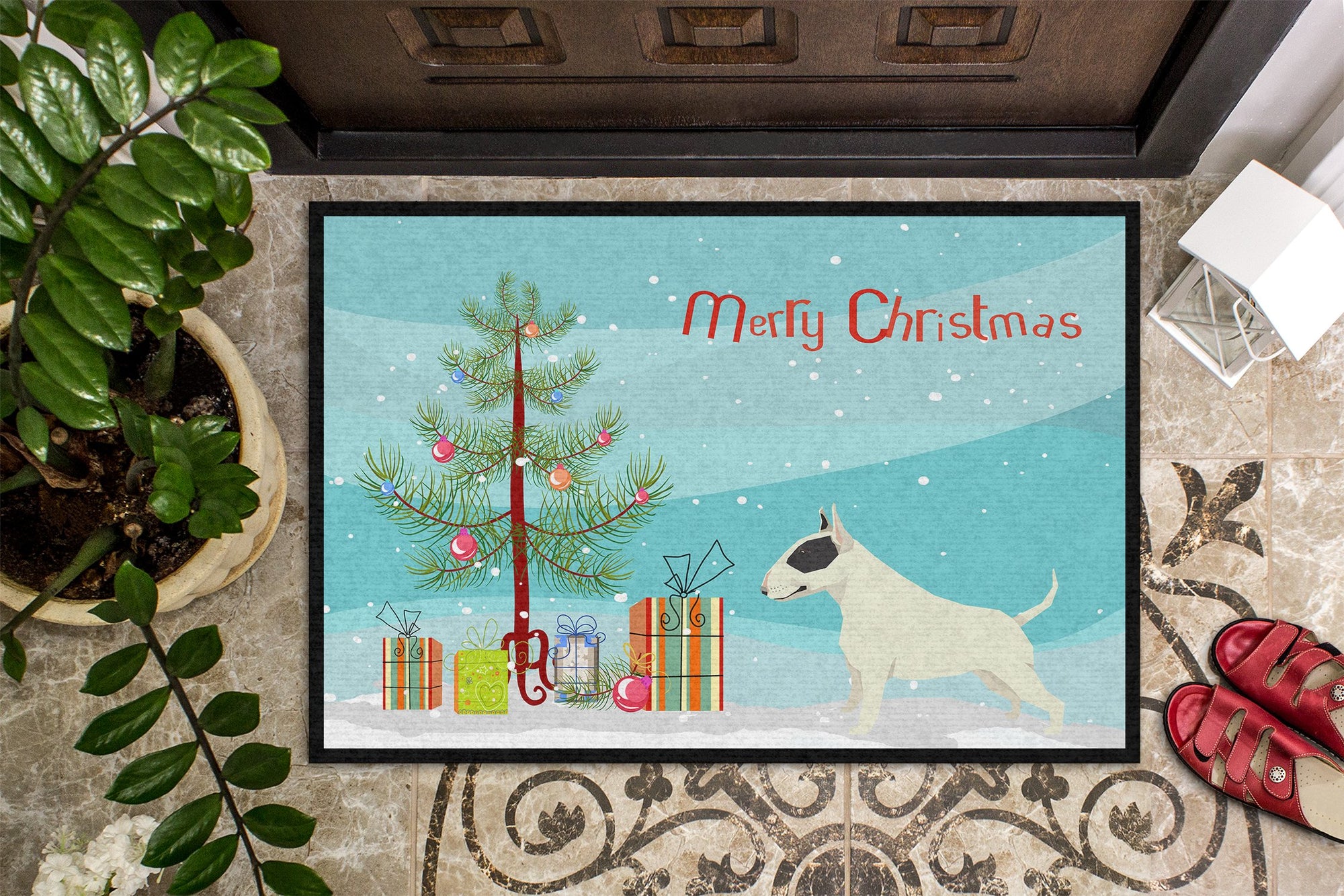 Black and White Bull Terrier Christmas Tree Indoor or Outdoor Mat 24x36 CK3527JMAT by Caroline's Treasures