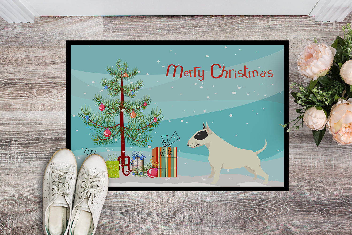 Black and White Bull Terrier Christmas Tree Indoor or Outdoor Mat 18x27 CK3527MAT - the-store.com